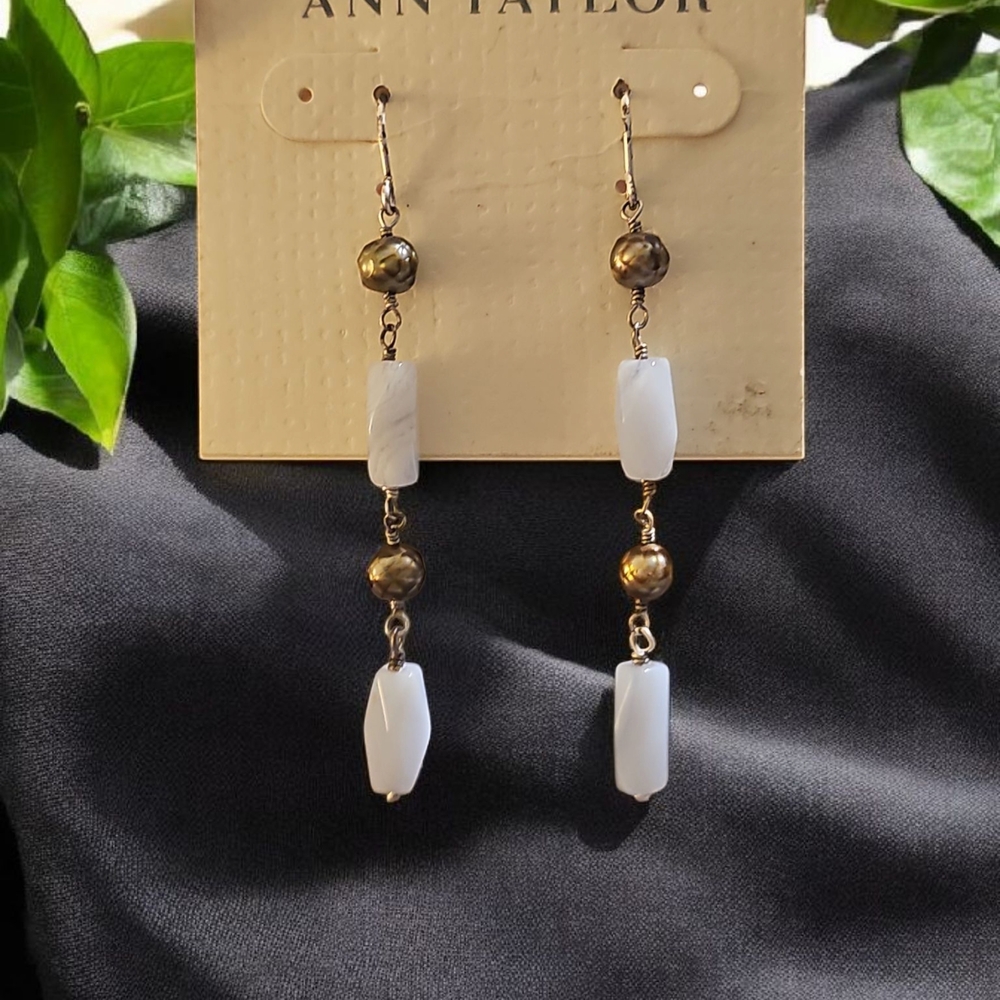 Ann Taylor Gold and White Linear Drop Earrings